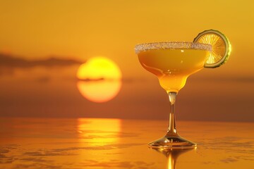 A cocktail set against a sunset backdrop