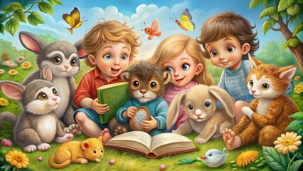 Fototapeta premium Adorable children surrounded by cuddly animals, including a fluffy rabbit, playful monkey, and curious kitten, all gathered around a colorful, whimsical storybook scene.
