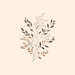 Vector illustration of a minimalist botanical branch with autumnal leaves in earthy tones on a beige background. Ideal for nature-themed designs, seasonal decor, and elegant projects.