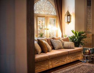  cosy living room interior with hanging ramadan lamp near sofa with islamic pattern window in the background 