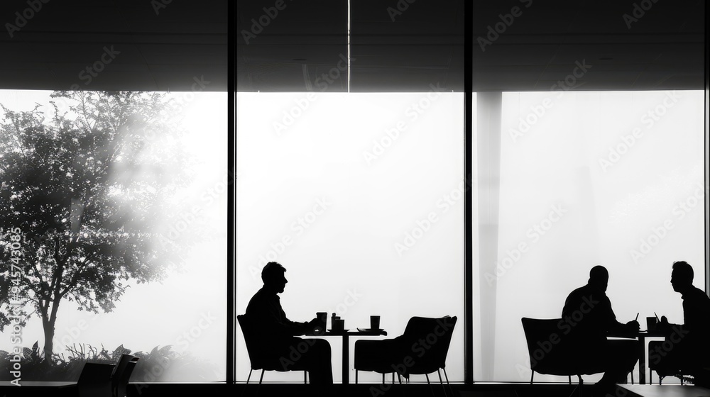 Wall mural Silhouette of man sitting in cafe. Lunch break. Guy eats alone in restaurant. Table for one. Gloomy atmosphere, concept of lonely sad life. Solitude and loneliness. Black and white photo.