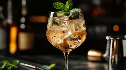 Fototapeta premium Indulge in the tantalizing Spring Melody cocktail. Crafted with cognac, liqueur, prosecco or sparkling wine, this libation is served chilled in a wine glass with ice and fresh mint.