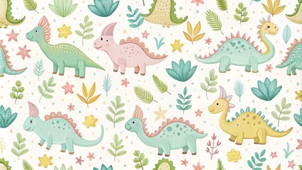 Adorable dinosaur pattern featuring friendly triceratops, diplodocus, and tyrannosaurus rex in pastel colors on a soft, white background with subtle texture.