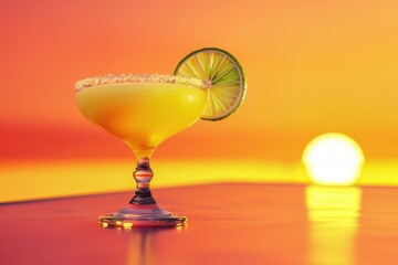 A cocktail set against a sunset backdrop