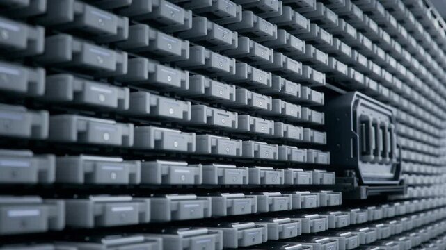 Advanced Storage Solution in Data Center. Rows of Blinking Drives Containing Training Data and Datasets for Supercomputers that Powering Massive AI Models. Cloud Computing and Processing Concept