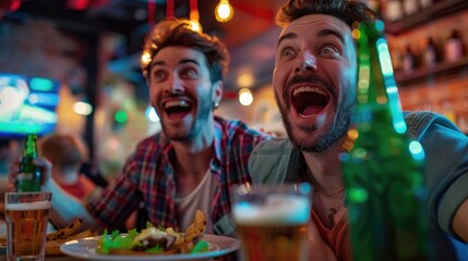 Fun beer party. Happy guys met bar, cheering for sports team, laughing and have great time. Youth hang out. Male friends meeting at restaurant. Funny men drink alcohol eat fast food. Joyful night.