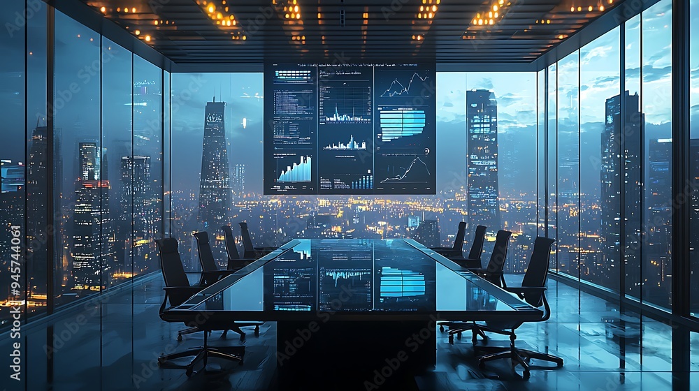 Aufkleber a modern office conference room featuring a cityscape view and a display of data analytics, merging 