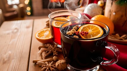 Close up view of mulled wine in glasses with orange pieces and spices on wooden tabletop