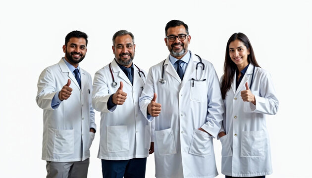 Indian/asian doctors group photo showing success/thumbs up sign. standing isolated over white background. selective focus