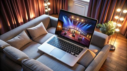 Aerial view of a laptop on a couch displaying a digital stage with curtains, spotlights, and a virtual audience watching a live online performance.
