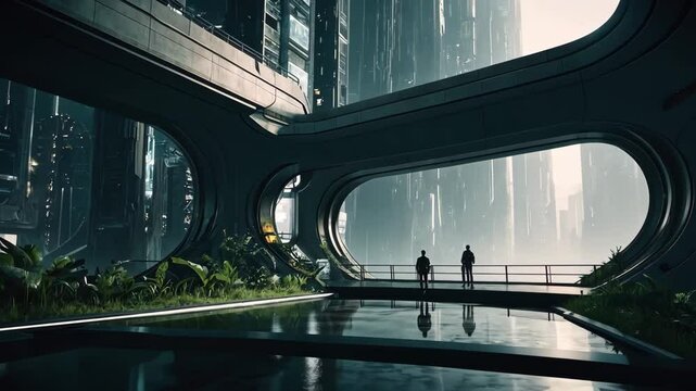 Video footage of  interior futuristic architectural space with a high ceiling and large, curved windows that allow natural light to filter