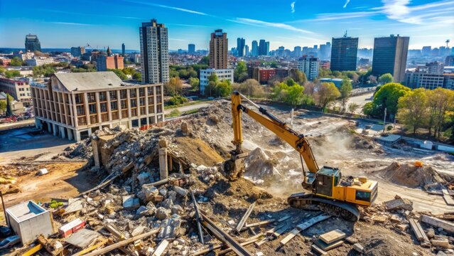 Aerial view of a demolition site, with heavy machinery, rubble, and twisted metal debris scattered amidst a backdrop of urban cityscape and clear blue sky.