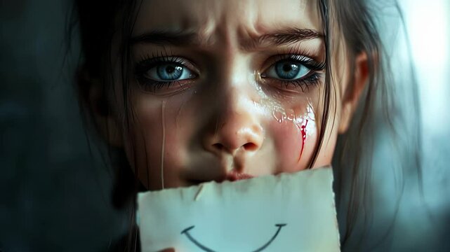 A girl with tears in her eyes holds a paper with a forced smile to hide her sadness.