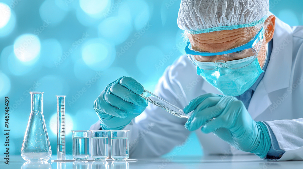 Poster a scientist in a lab coat conducts an experiment, using pipettes and test tubes in a bright, focused