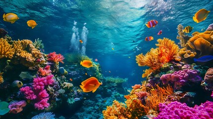 Naklejka premium 20. The vibrant colors and textures of a coral reef teeming with marine life