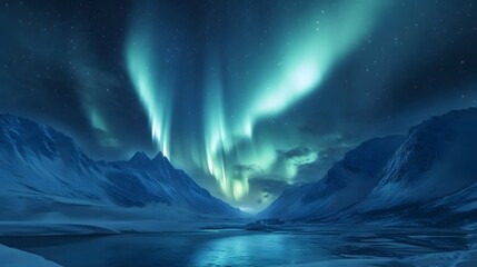 Naklejka premium 21. A beautiful aurora borealis dancing across a night sky over a snowy landscape