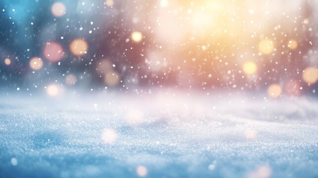 Soft winter light illuminates gently falling snowflakes in a serene outdoor setting