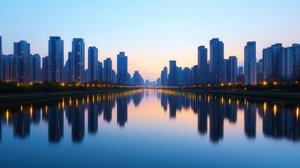 Fototapeta premium City skyline at dusk with glowing skyscrapers reflecting on a calm river, urban glowtime, serene and modern