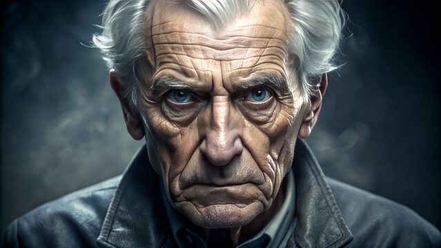 An elderly gentleman with a weathered face and gray hair cowers in fear, eyes wide with terror, as he backs away from an unseen threat.