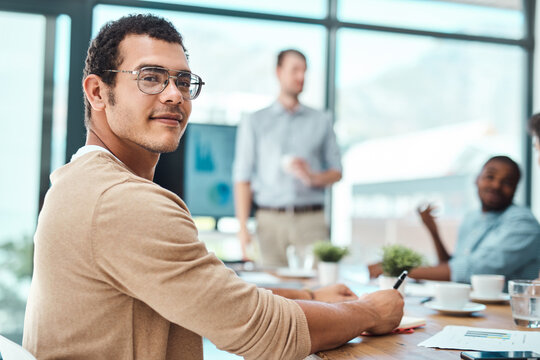 Business man, portrait and creative for writing notes, planning or company presentation with glasses. Graphic designer, face and design in office for digital agency, project or collaboration with pen