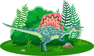 Spinosaurus prehistoric dinosaur cartoon character. Vector theropod dino with sail-like structure along its back and semi-aquatic adaptations. piscivorous reptile animal at mid-Cretaceous period scene