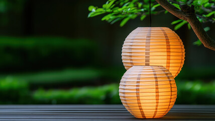 Fototapeta premium Glowing paper lanterns in a tranquil night garden, capturing a sense of peace, garden glowtime, soft and calming