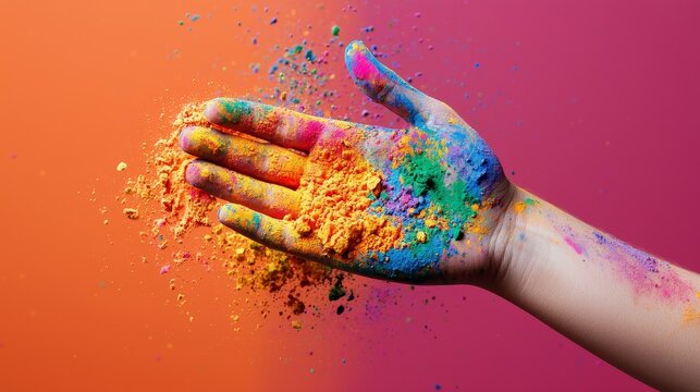 A hand covered in colorful powder, as part of a Holi festival celebration
