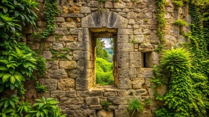 Ancient stone fortress wall with narrow arrow slit window, worn and weathered, surrounded by dense foliage, evoking a sense of medieval mystery and history.