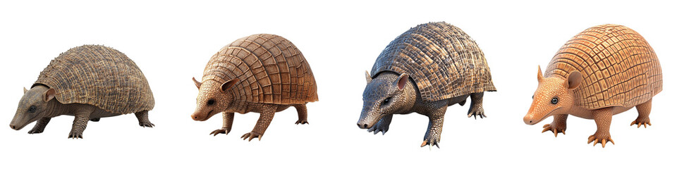 Fototapeta premium A collection of detailed and realistic model armadillos showcasing various textures and colors. Ideal for educational and artistic uses.