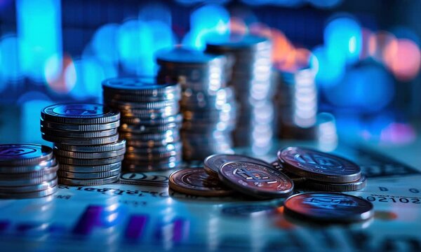 Glistening coins and scattered bills emerge artistically atop a reflective surface, illuminated by soft blue lights that evoke a sense of urban nightlife and financial dynamics