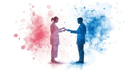 Obraz premium Illustrative image of a male and female figure exchanging something with colorful splashes, symbolizing communication and connection.