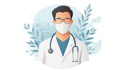 Professional doctor wearing glasses and a mask, standing confidently with a stethoscope, surrounded by gentle greenery.