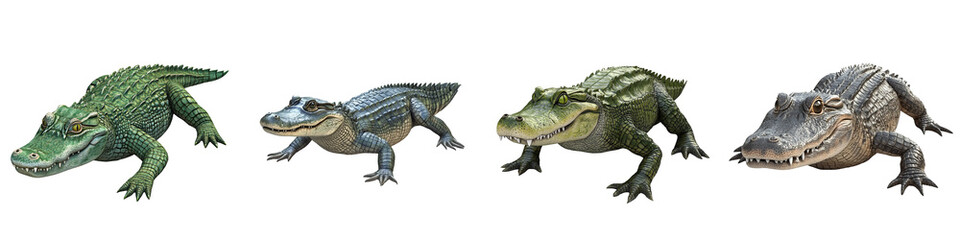 Obraz premium A collection of four detailed and colorful crocodile models showcasing various designs and textures, perfect for educational purposes.