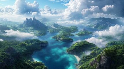 Stunning aerial view of a tropical landscape with vibrant waters, islands, and dramatic clouds, ideal for travel and nature themes.