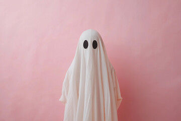 Funny halloween character person or animal wearing white blanket pretending scary ghost, Generative AI