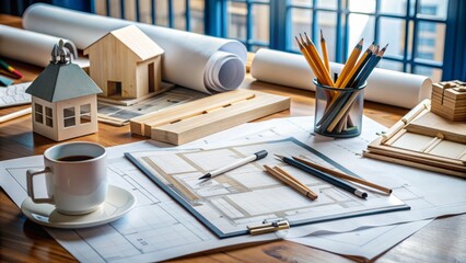 Architect's workspace with scattered blueprints, pencils, and drafting tools, featuring a partially completed building design on a large table or desk.