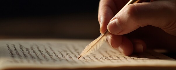 A hand holding a quill pen, writing in an ancient book with flowing script
