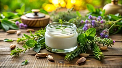 Aromatic essential oils and botanical ingredients surround a corked glass jar of creamy moisturizer on a wooden table with a subtle greenery background.