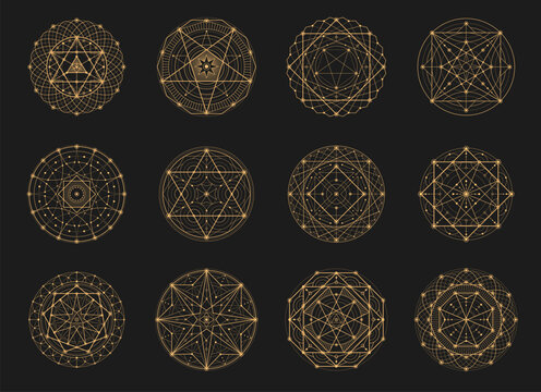 Sacred esoteric geometry signs and symbols of occult and mystery, vector icons. Sacred geometry of mason pyramid with pentacle star of astrology and alchemy or esoteric magic symbols for Tarot cards
