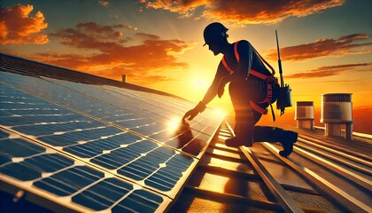A Silhouetted Man Wearing Safety Gear is Seen Working on a Rooftop Solar Panel System at Sunset. Generative AI