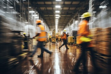 Workers walking in warehouse architecture factory motion.