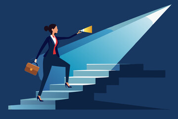Career guidance or advice to step up career path, business direction or spotlight to success, discover talent or job candidate concept, flashlight staircase light beam to step up for businesswoman.
