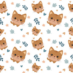 Kittens pattern. Cute children's seamless pattern with kittens. Endless pattern with little cats, hearts and natural elements