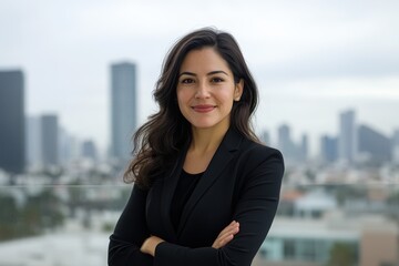 Fototapeta premium Latina Business Leader: A portrait of a successful Latina businesswoman, possibly with a cityscape or modern office in the background.