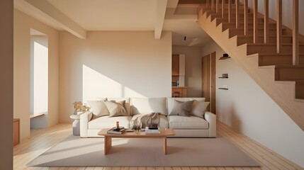 Modern Living Room Interior Design Featuring Stylish Wooden Stairs and Contemporary Furnishings in a Chic and Elegant Home Setting