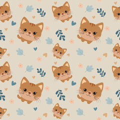 Kittens pattern. Cute children's seamless pattern with kittens. Endless pattern with little cats, hearts and natural elements