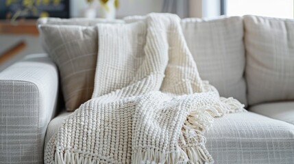 Cozy White Blanket Draped on a Sofa