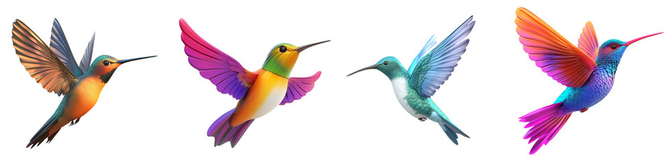 Fototapeta premium A vibrant collection of flying hummingbirds showcasing vivid colors and unique designs, perfect for nature lovers and artists.