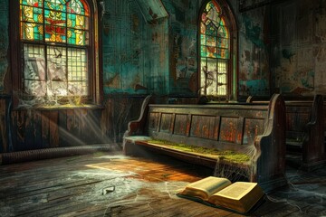 Obraz premium A long bench in an abandoned church