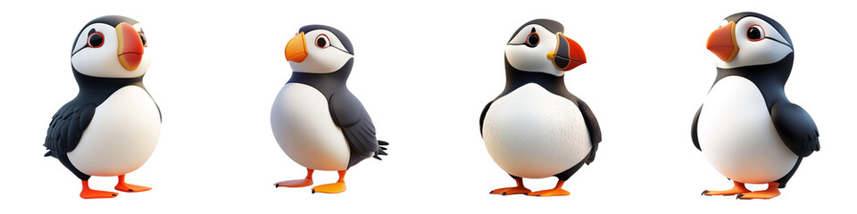 Naklejka premium Charming puffins displaying different poses, showcasing their unique features and vibrant colors in a delightful and playful manner.